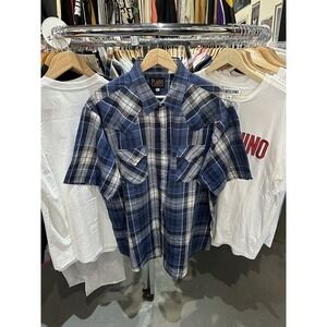 Vintage 90s Plains Western Wear Blue Plaid Pearl Snap Button Down Shirt Size XL